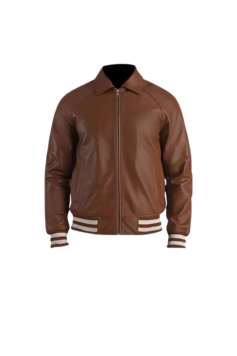 TJF: Men's Brown Leather Bomber Jacket