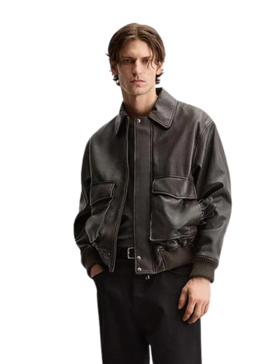 TJF: Men's Leather Bomber Jacket With Pockets