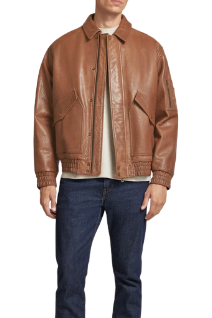 TJF: Men's Classic Brown Leather Bomber Jacket